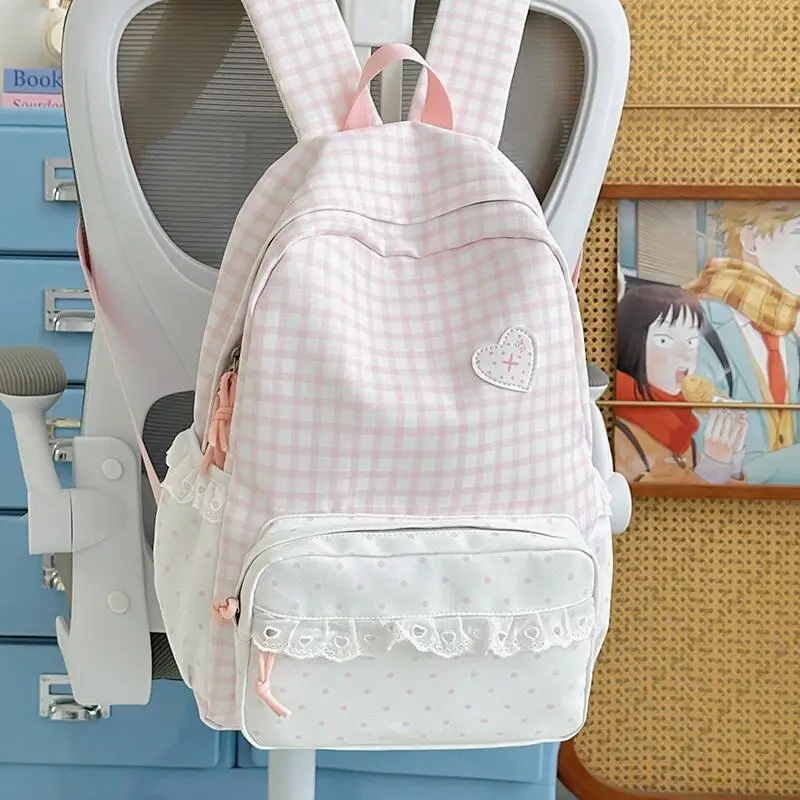 Ladies' Backpack, Korean Style Sweet Wind Blue White Checkered Backpack, Middle and High School Student Backpack, Girl's Heart L