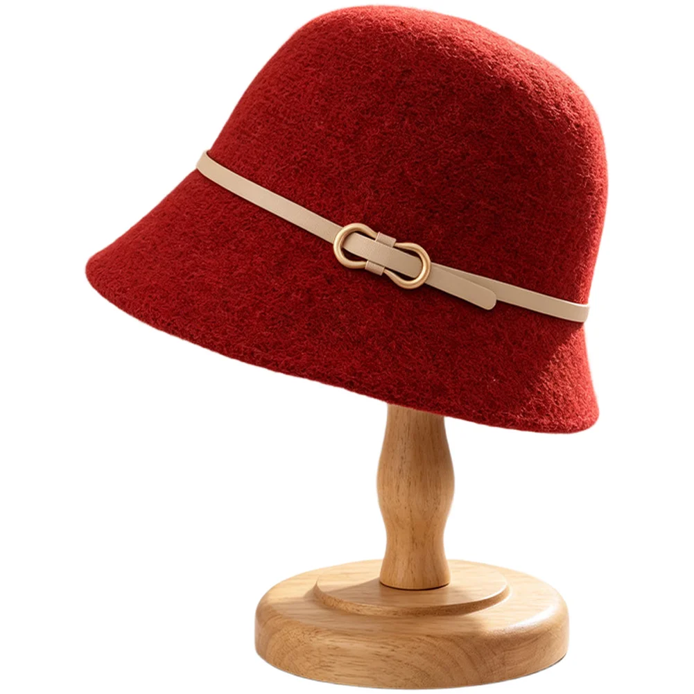 Bucket Hat for Women Winter Warm Wool Blend Fabric Belt Buckle Adjustable Strap Small Face Look Fisherman Hat Solid Colors