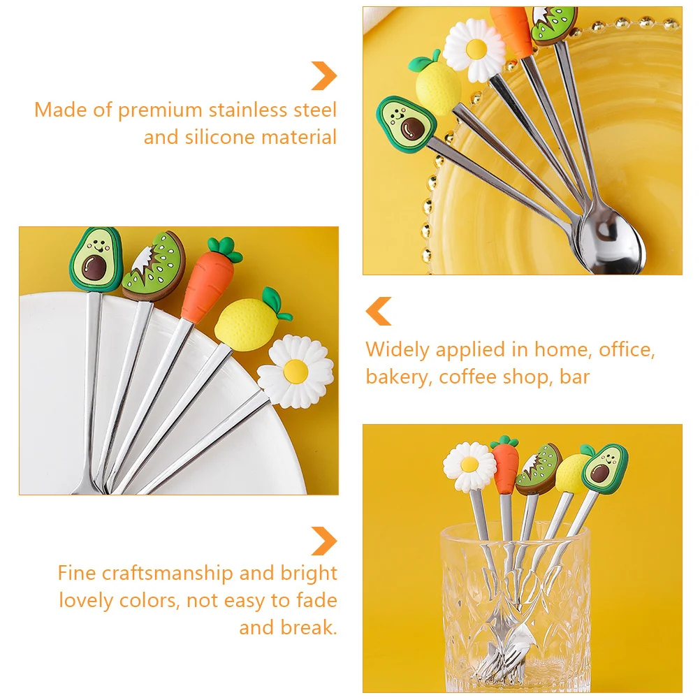 

2Pcs Fruit Fork and Spoon Set Stainless Steel Silicone Dessert Coffee Ice Cream Spoons Home Office Bakery Use Reusable Lovely