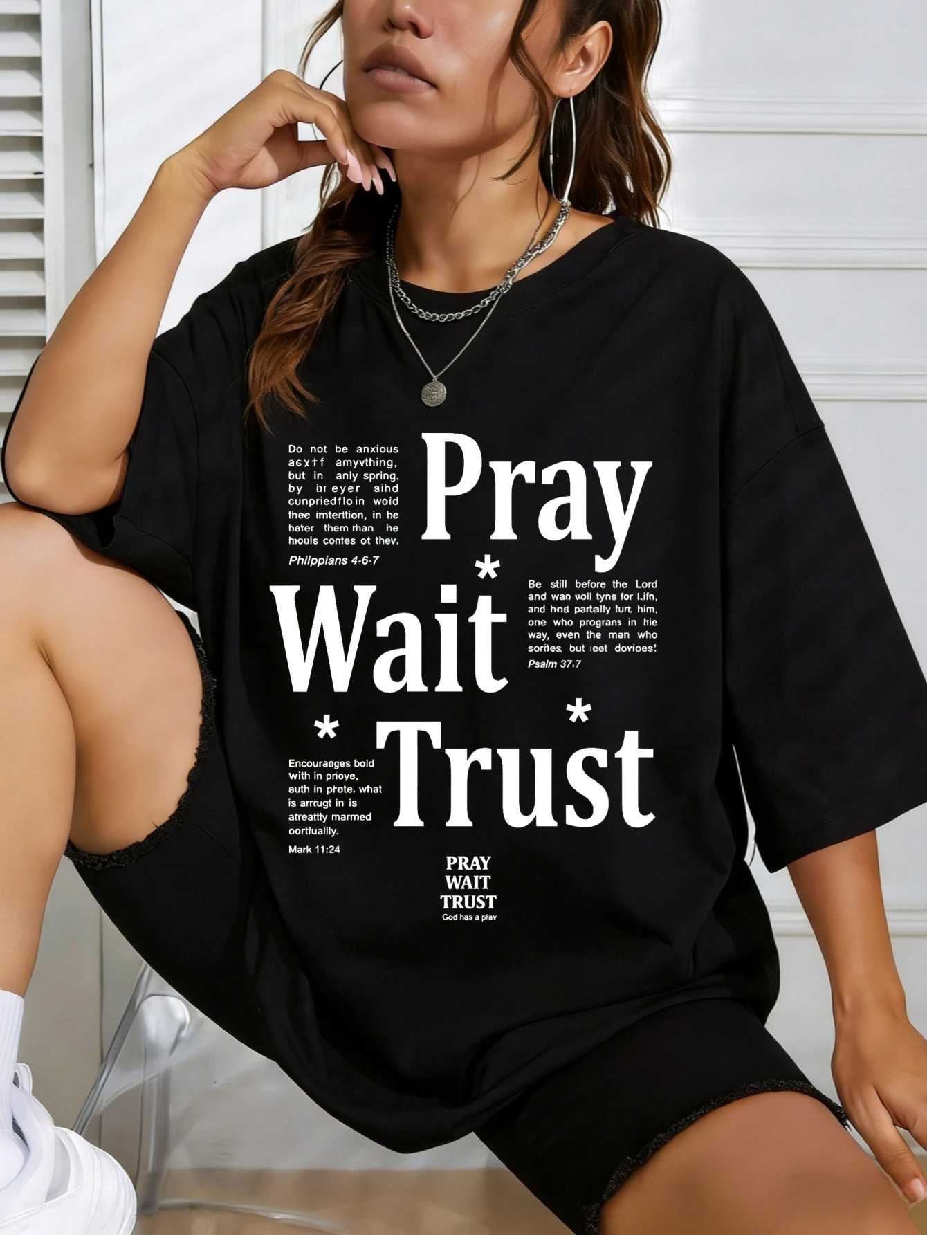 

Женская футболка с принтом «Pray Wait Trust», оверсайз, из хлопка, летняя, повседневная, свободного кроя, для ежедневной носки, подарок для неё