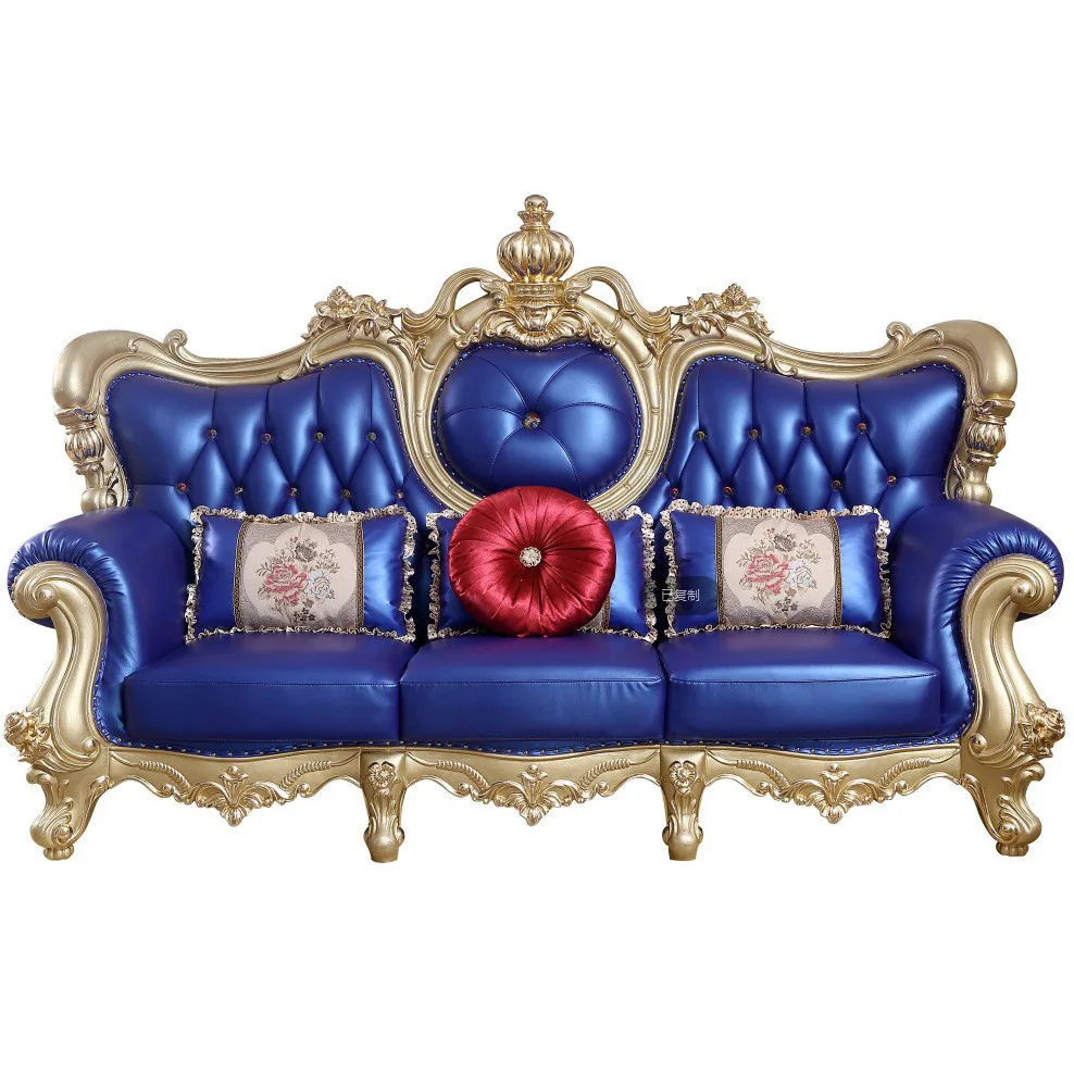 

Villa first layer cowhide luxury atmosphere sofa living room complete set of solid wood carving flower European sofa com