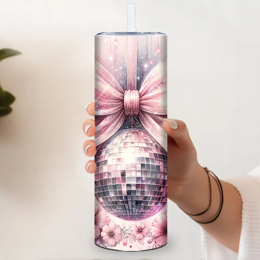 1Pc 3D Print Coquette Disco Ball Bow Party  Tumblers Straw Lid Stainless Straight Coffee Cups Teacher's Day Party Birthday Gifts