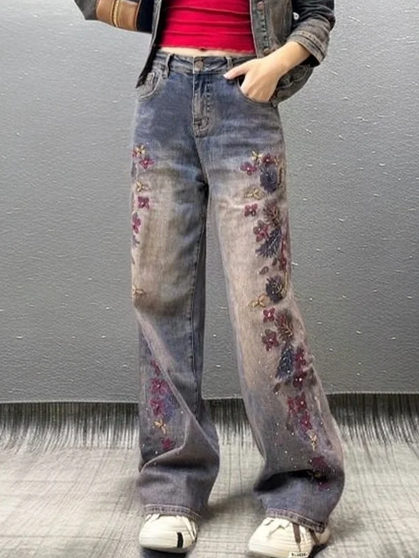 

High Waist Slim Fit Denim Wide Leg Pants Embroidered Flower Rhinestone Embellished Casual Style Spring Collection