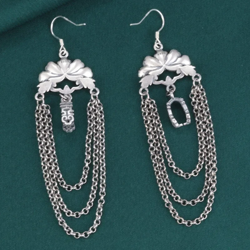 925 Sterling Silver Enamel Lotus Flower Long earrings Vintage Ethnic Style Chain Tassel Hanging Jewelry For Women EH211