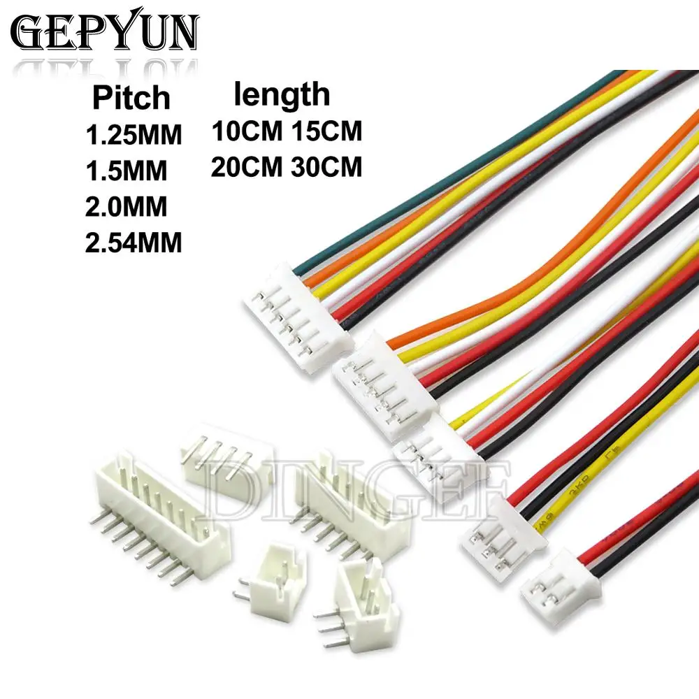 5Sets JST1.25 ZH1.5 PH2.0 XH2.54 Connector Female + Male 2/3/4/5/6/7/8/9/10P Plug With Cable 10/20/30cm with bend PIN 2.54MM