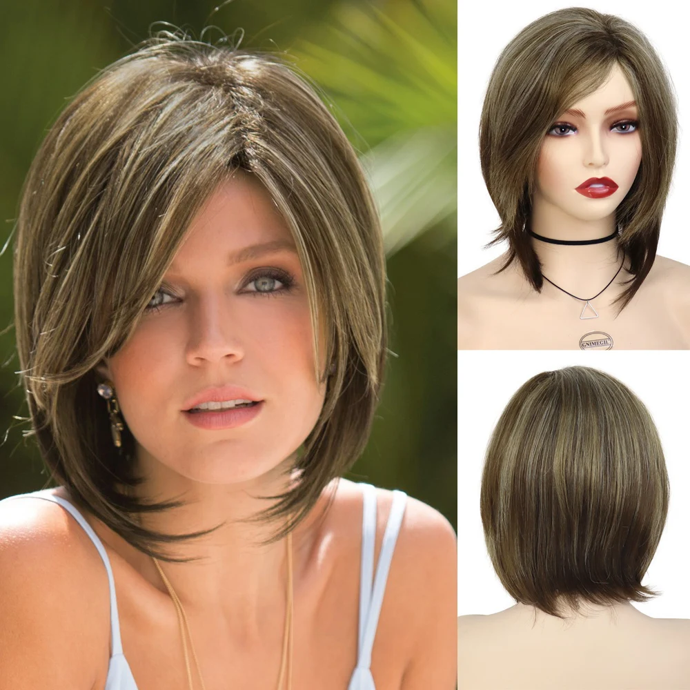 

Premium Synthetic Hair Mommy Wigs Natural Short Bob Wig for Women Straight Haircut Mixed Brown with Bangs Casual Wigs Outfits