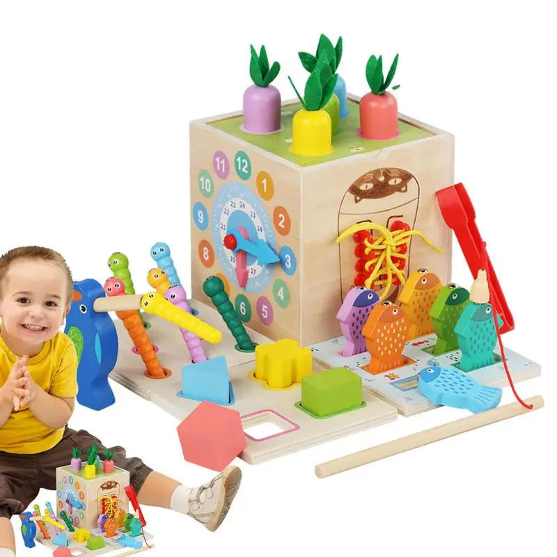 Centro attività in legno impilabile giocattolo educativo Ordinamento cubo da gioco in legno 8 in 1 Forniture per bambini per bambini di 1-3 anni