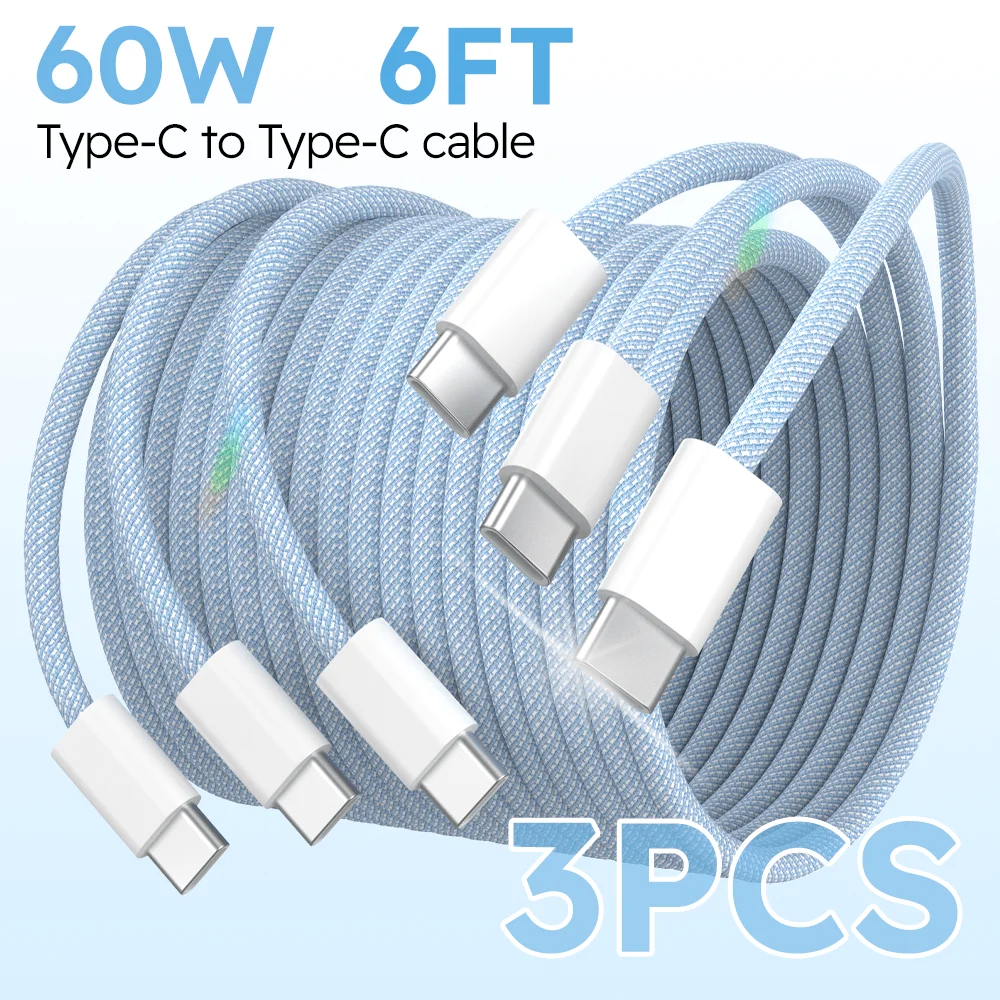 

3 шт., 6 футов, 60 Вт, нейлоновое плетение, быстрое зарядное устройство типа C к USB C, кабель для Samsung, Xiaomi, iPhone 15 Pro/iPad/Android