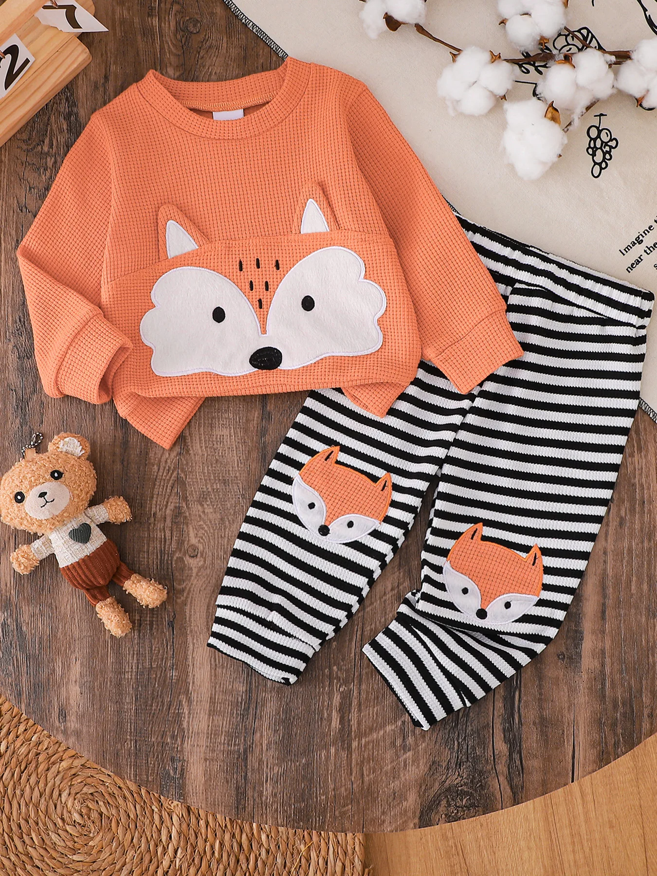 Cute Fox Patchwork Knitted Sweatshirt + Black and White Striped Pants Baby Autumn Casual Two-Piece Set