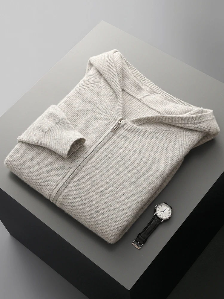 

Choice Fashion Autumn Winter Men Sweater Zipper Hooded Cardigan 100% Merino Wool Soft Warm Thick Cashmere Knitwear Casual Coat