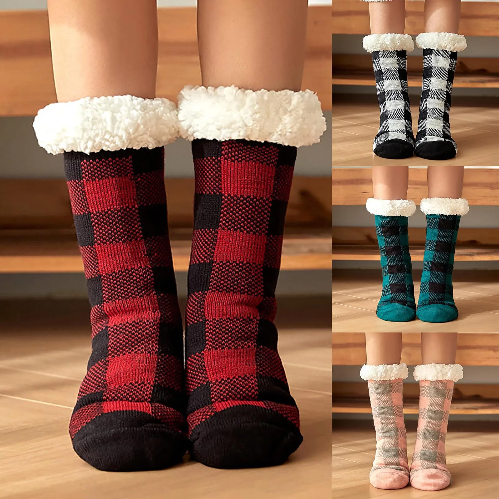 Women Winter Fuzzy Socks with Non Slip Grippers Multicolor Plaid Pattern Warm Fleece Lined Thermal Stockings носки женские