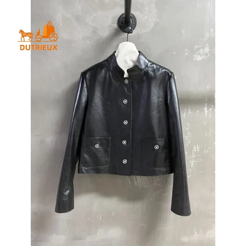 2025 Winter Leather Jacket Short Stand Collar Pockets Solid Color, 100% Genuine Sheepskin Shiny Fashion Temperament Women's Coat