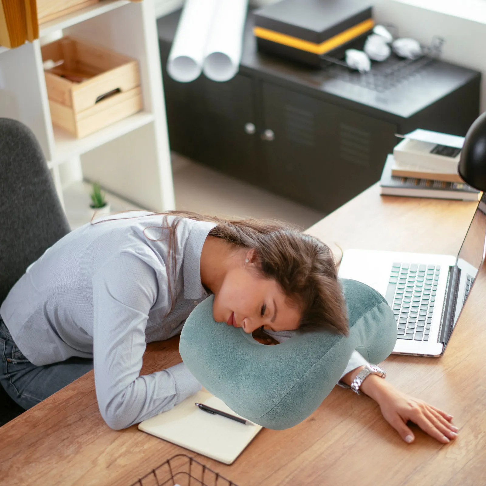 Memory Foam Nap Pillow Sea Blue Facedown Desk Dorm Office Pillow with Removable Washable Cover for Stomach Sleepers Face Down