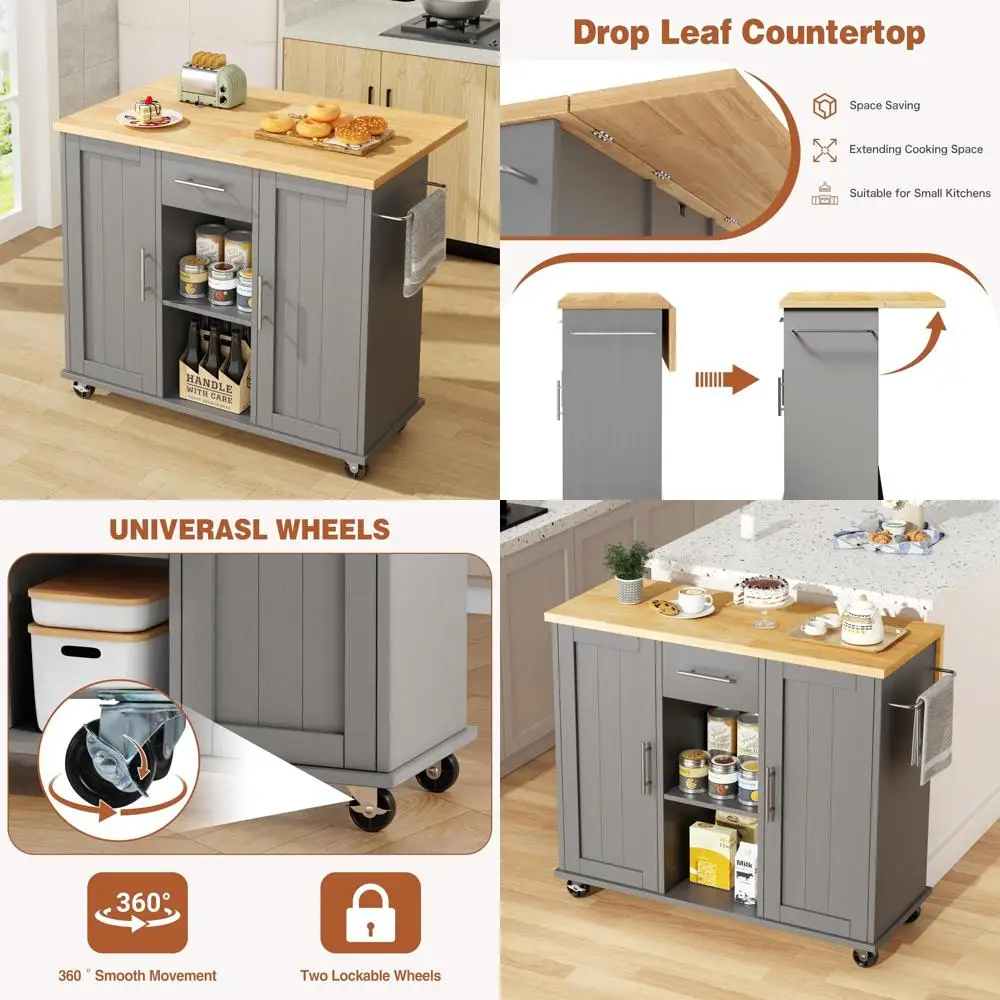 Катящийся кухонный остров с выдвижным листом, ящиками для хранения и вешалкой для полотенец для гибкого использования