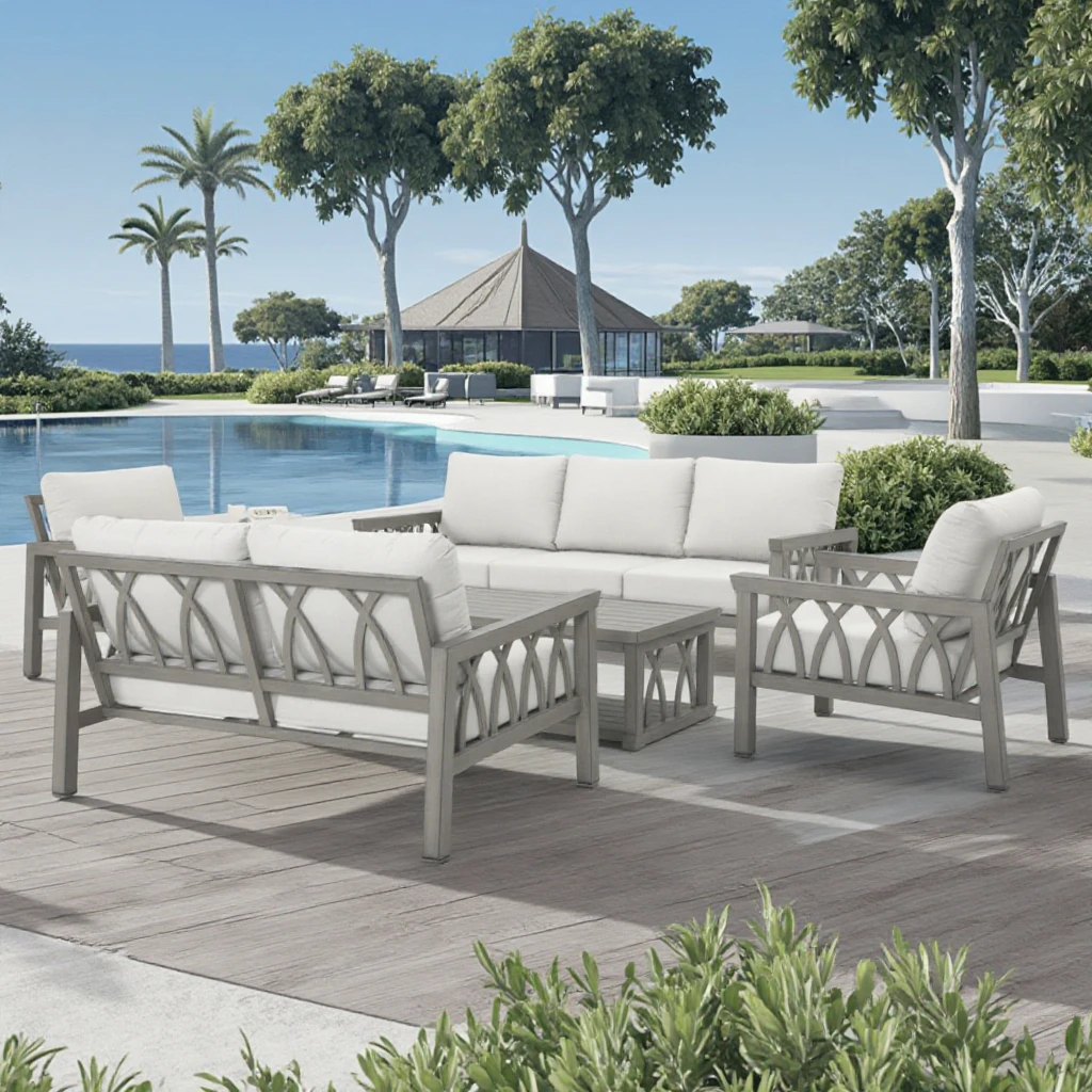 

7-Seat Comfortable Aluminium Patio Set for Hotels Resorts for Outdoor Poolside Entry Featuring 1 Conversation Section 1 Loveseat