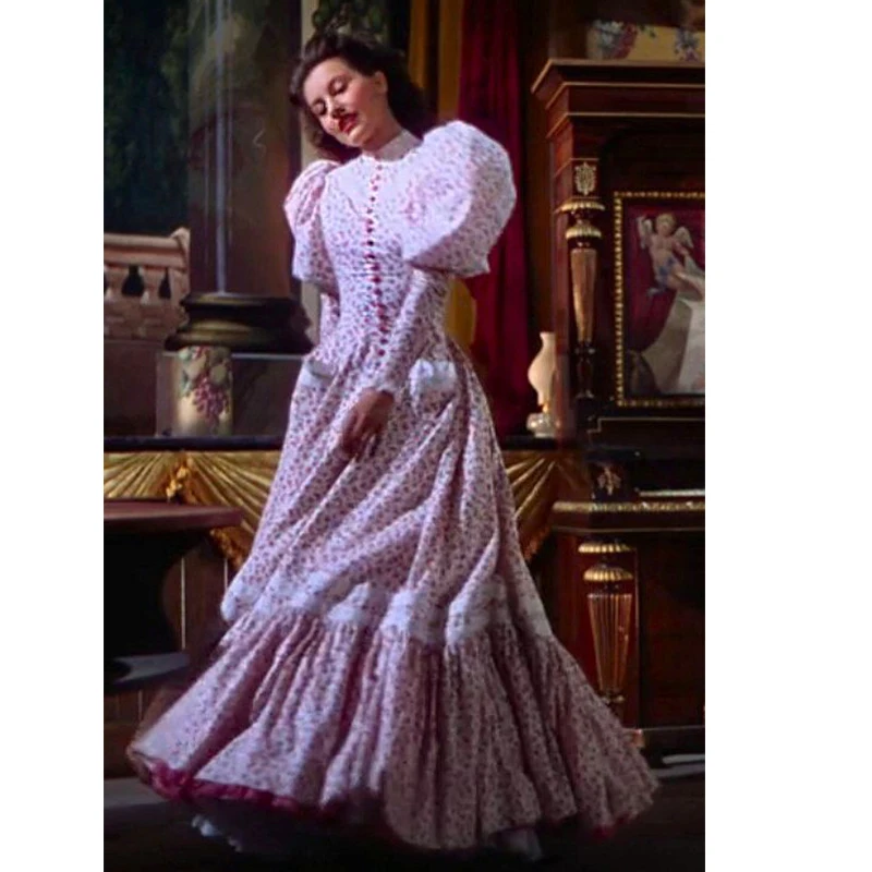 

Custom Made The Harvey Girls Deborah Andrews Cosplay Costume Women Vintage Flowered Puffy Sleeves Dress