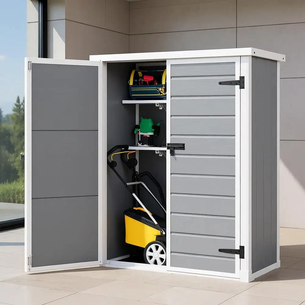 50-Cubic Foot Tall Outdoor Storage Shed with 2 Shelves, Lockable Tool Shed, Plastic Cabinet, and Garden Storage (Gray)