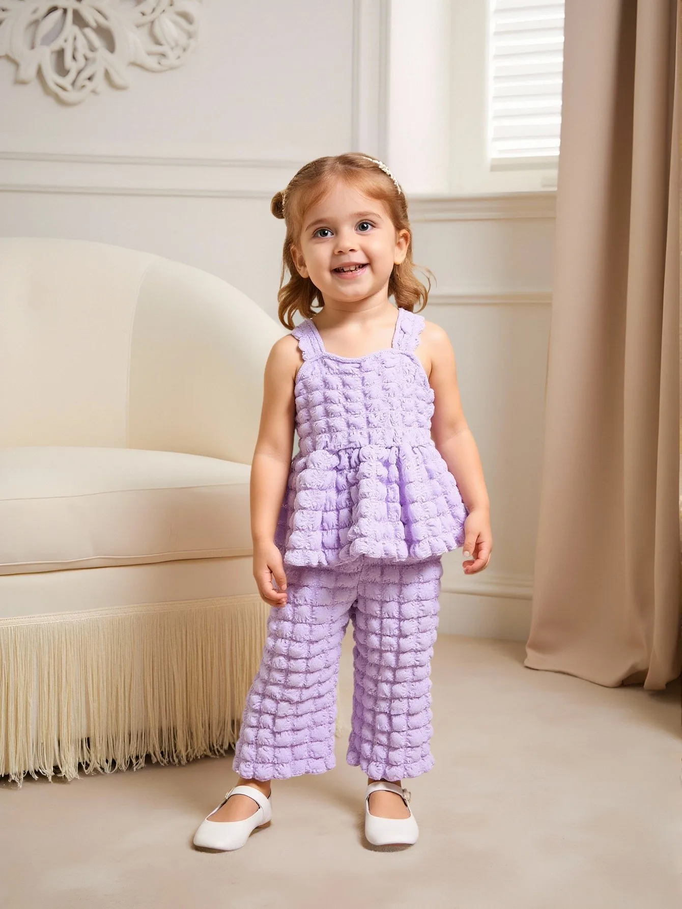 Spring & Autumn New Cute Girls' Pants Set - Bubble Grid Camisole Skirt + Long Pants Two-Piece Outfit