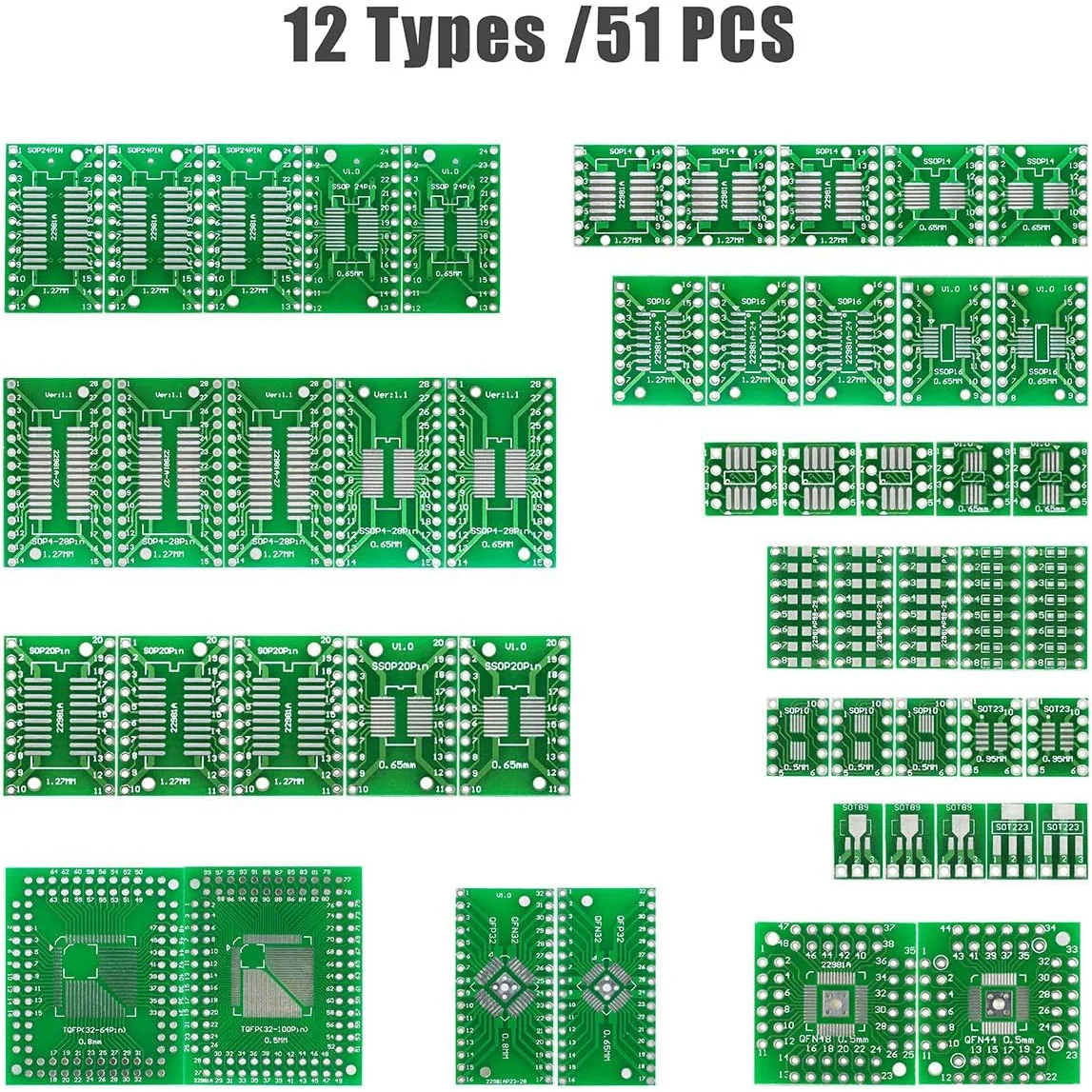 51 قطعة 12 أنواع SMD إلى DIP محول PCB بروتو مجلس لوحة محول SOP SOT 0402/0603/0805 TQFP QFN + 40 قطعة 2.54 مللي متر ذكر 40 دبوس