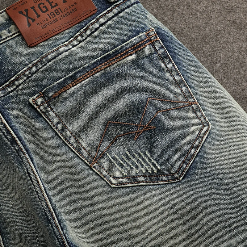 talian designer fashionable new men's jeans with elastic slim fit, washed blue vintage jeans, high-quality motorcycle pants