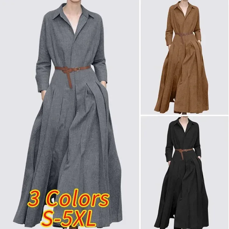 

New 2025 Spring Summer Women's Long Skirt Fashion Long Sleeve Lapel Pleated Dress Office Lady Solid Color Dress for Women Robe