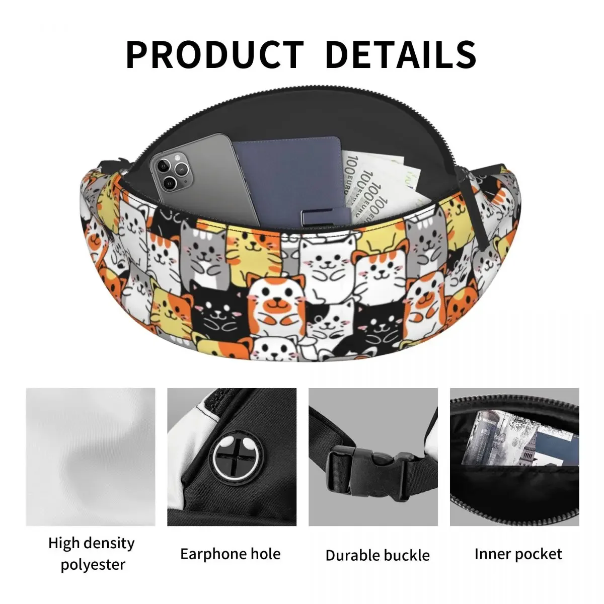 Bolsa de cintura crossbody para viajar, gato gatinho bonito padrão Fanny Pack, desenhos animados personalizados, bolsa de dinheiro para mulheres e homens