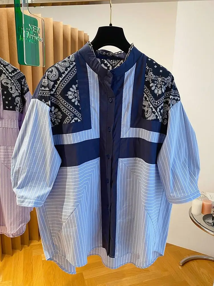 

Ethnic Fashion Striped Blouse Short-sleeved Shirt Women's Summer New Stitching Printing Plus Size Top