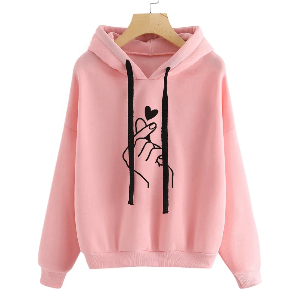 Tops Long Sleeve Heart Print Hoodie Blouse Women Jumper Hooded Pullover Women\'s Casual Drawstring Sweatshirt Female Clothing