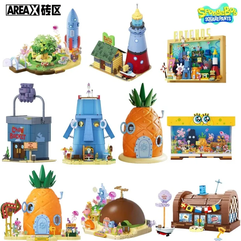 AREAX SpongeBob SquarePants Series Crab Burger King Restaurant Pineapple House Building Blocks Toy Collection Model Gift