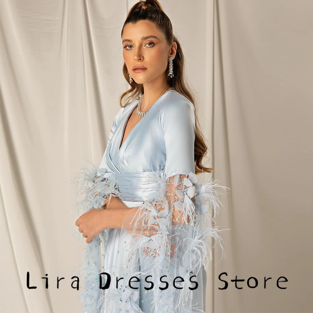 حورية البحر الريش الناعم رداء حفلات الطراز الحديث الخامس الرقبة نصف الأكمام فساتين السهرة مخصصة عالية الجودة فستان حفلة كريستال