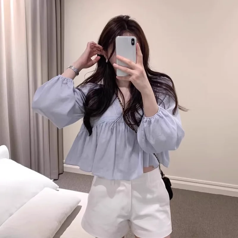 المرأة قميص الخريف جديد الخامس الرقبة الدانتيل المرقعة بلوزات طويلة الأكمام الكورية شيك الحلو لطيف الصلبة تنوعا بلوزات قصيرة