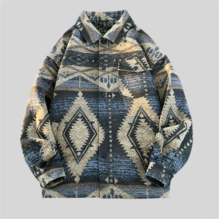 Retro Jacket Men Harajuku Nation Style Jacket Coat Men Streetwear Hip Hop Oversized Argyle Print Autumn Snap Button Jackets