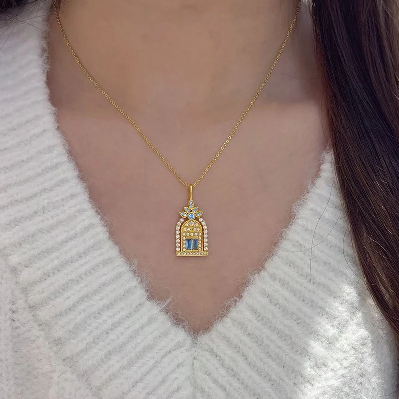 

Luxury 100% 24K Gold AU999 Unique Full Diamond Castle Necklace Blue Diamond Door Of Happiness Choker