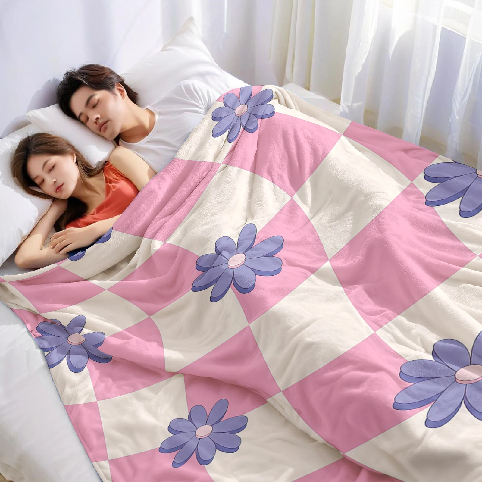Warped Check Purple Daisy Ultra Soft Sherpa Fleece Blanket Fluffy Warm Halloween Cozy Throw for Sofa Couch Bedroom All season