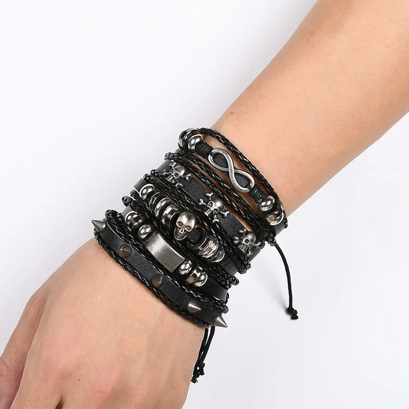 6-piece set Fashion Leather Bracelet Personalized DIY Knitted Leather Bracelet Simple Multi layered Adjustable Cowhide Bracelets