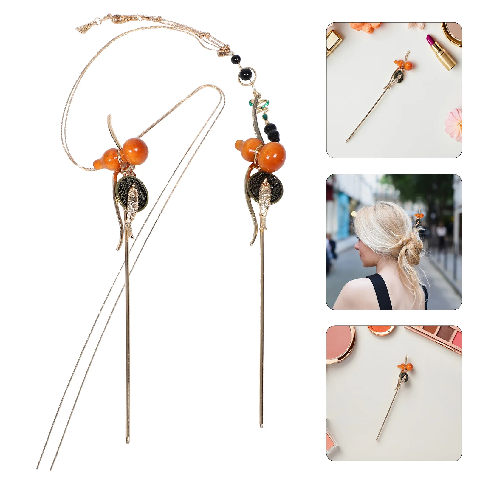 

2pcs Vintage Sticks Pins Traditional Hairpins With Gourd Tassel Long Tassels Lightweight Retro Decorative Hair Accessories For