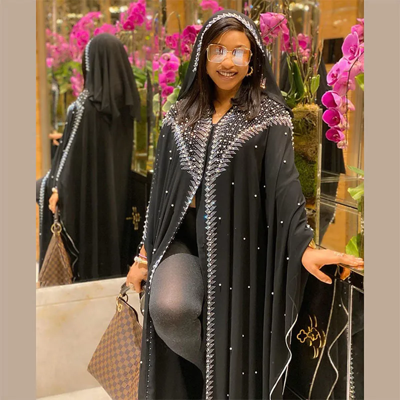 

African Dresses for Women Beaded Dashiki Loose Long Dress Africa Clothes Diamonds Abaya Dubai Kaftan Moroccan Boubou Robe Hooded