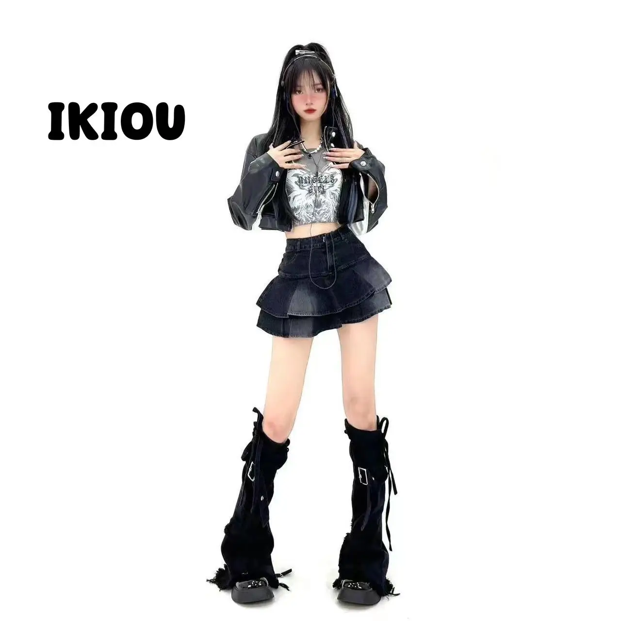 IKIOU Y2K Millenial Dark Wind Cross cowboy leg sleeves micro-horn Strap Spice Girls Cool Pile pile socks mid-tube socks