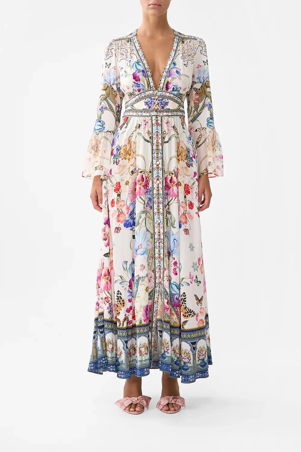 Europese en Amerikaanse nieuwe collectie Hot Sale PrintingVCollar lange mouwen bubble mouw taille gebonden zomer nieuwe dameskleding