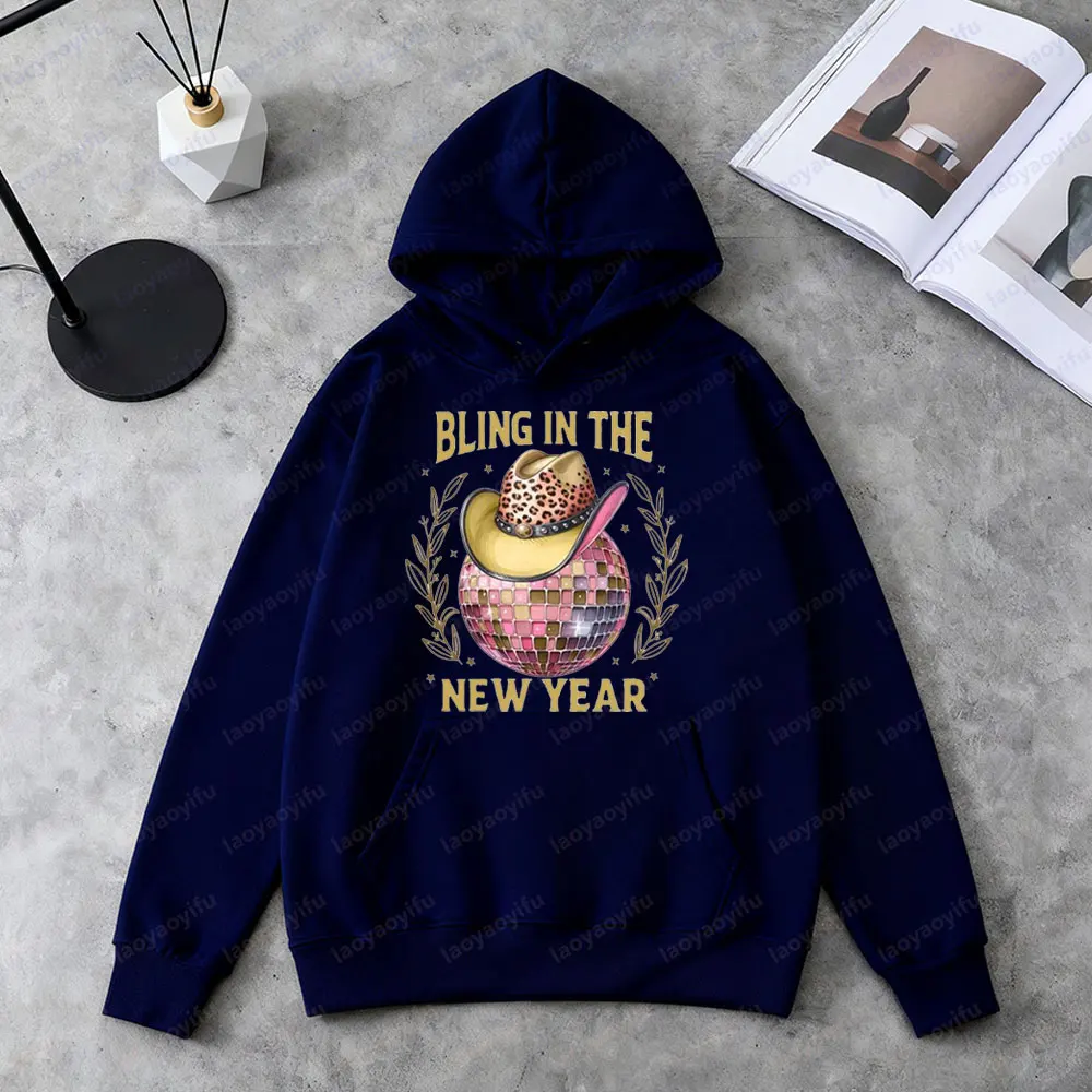 بلينغ في السنة الجديدة البلوز الوردي ديسكو الكرة السنة الجديدة هوديس الغربية راعية البقر قبعة هوديي المرأة موضة عطلة الشارع الشهير