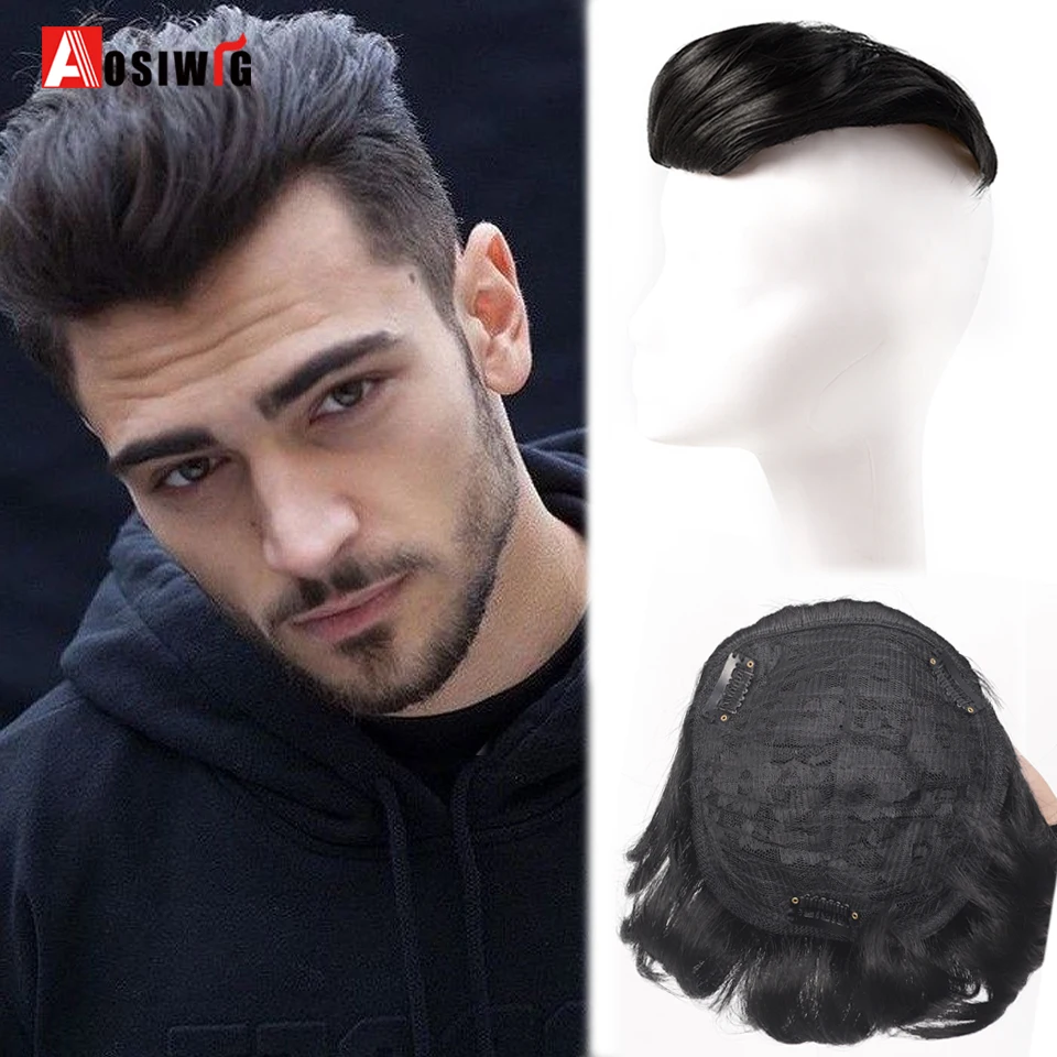 3 Clips Synthetic Short Hair For Men Wigs Hair Replacement Pieces Cover White Hair Balding Hair-loss High Hair Line Clip in Hair