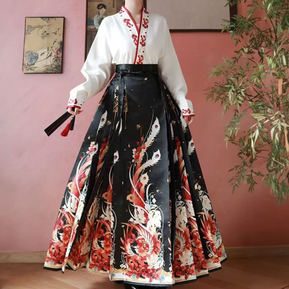 Винтажная юбка Hanfu с изображением лошади, Модный женский костюм из 2 предметов, рубашка, юбка со складками, белый, красный, черный, Mamianqun