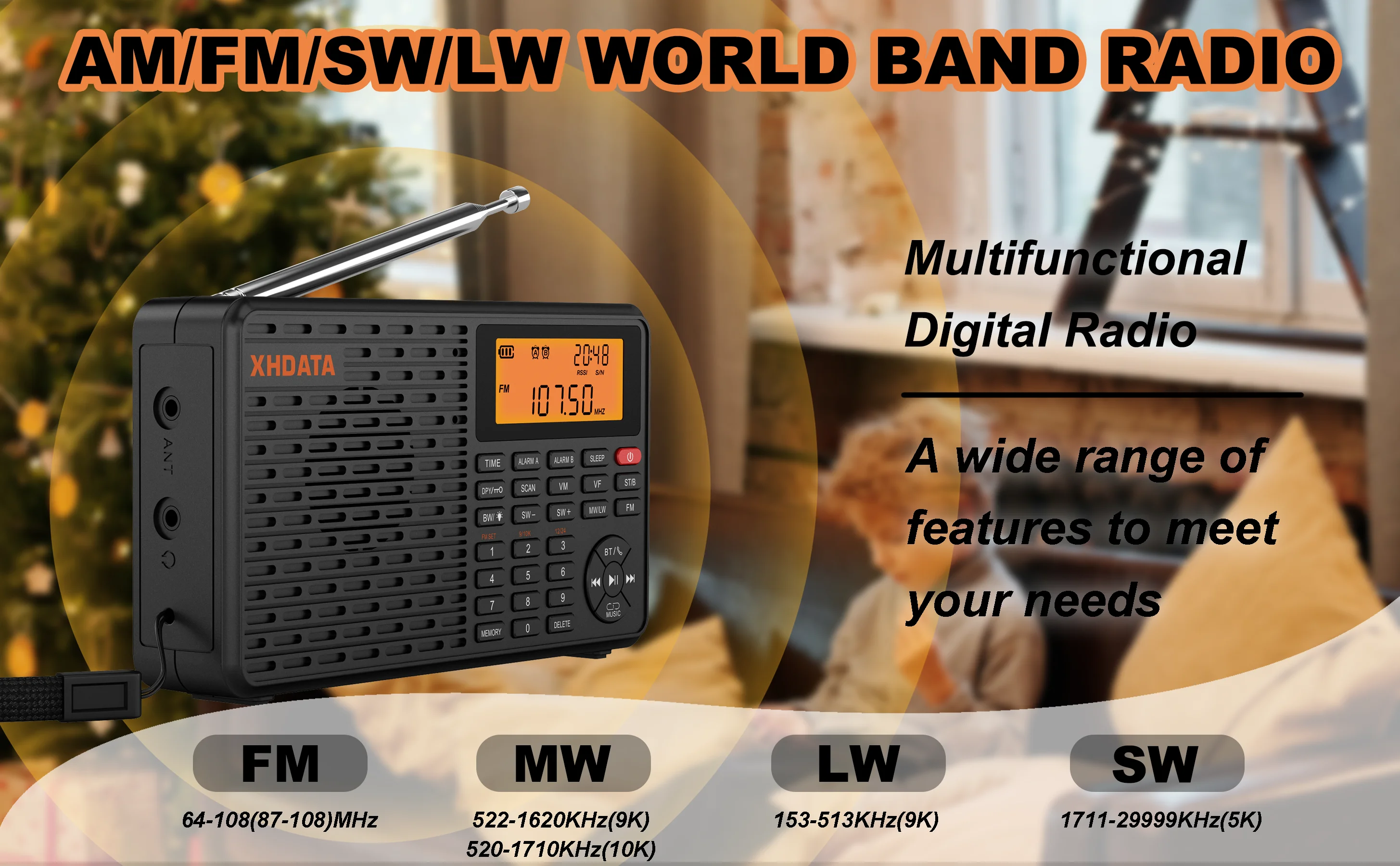 XHDATA D-109 Stereo Digitales Tragbares Radio AM SW MW FM Radio Bluetooth-kompatibles Multifunktionsradio Unterstützung TF-Kartenspieler – Detail 1