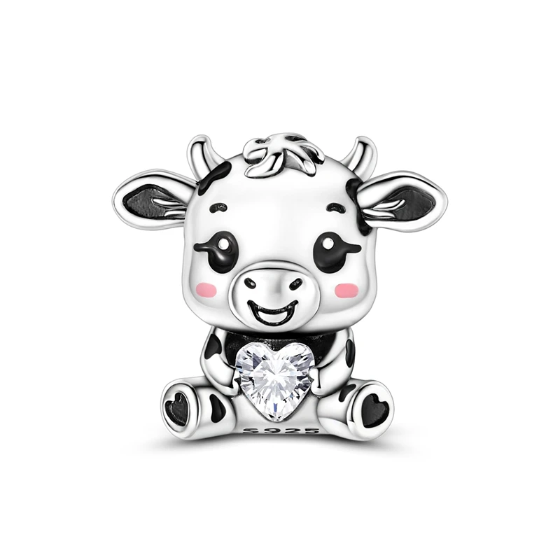 Cute Cow Charm Bead 925 Sterling Silver Spotted Cow Holding Heart Symbol of Gentle Blessing Abundance Fit Bracelet Jewelry Gift