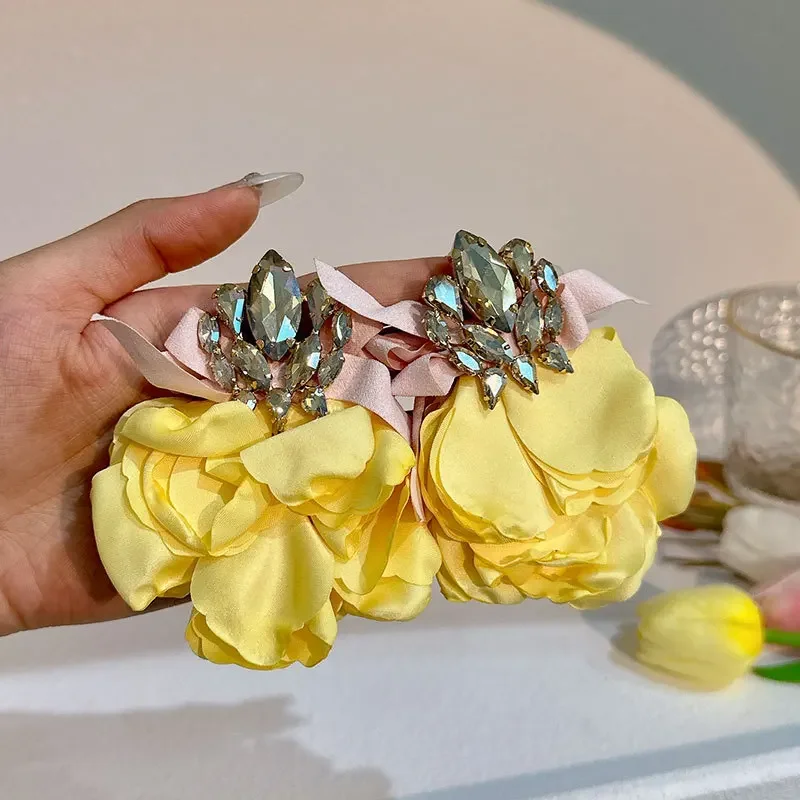 

Fashion Charm Cubic Zircon Fabric Flower Earrings Women Bohemian Handmade Statement Big Tassel Earrings Vintage Jewelry Gifts