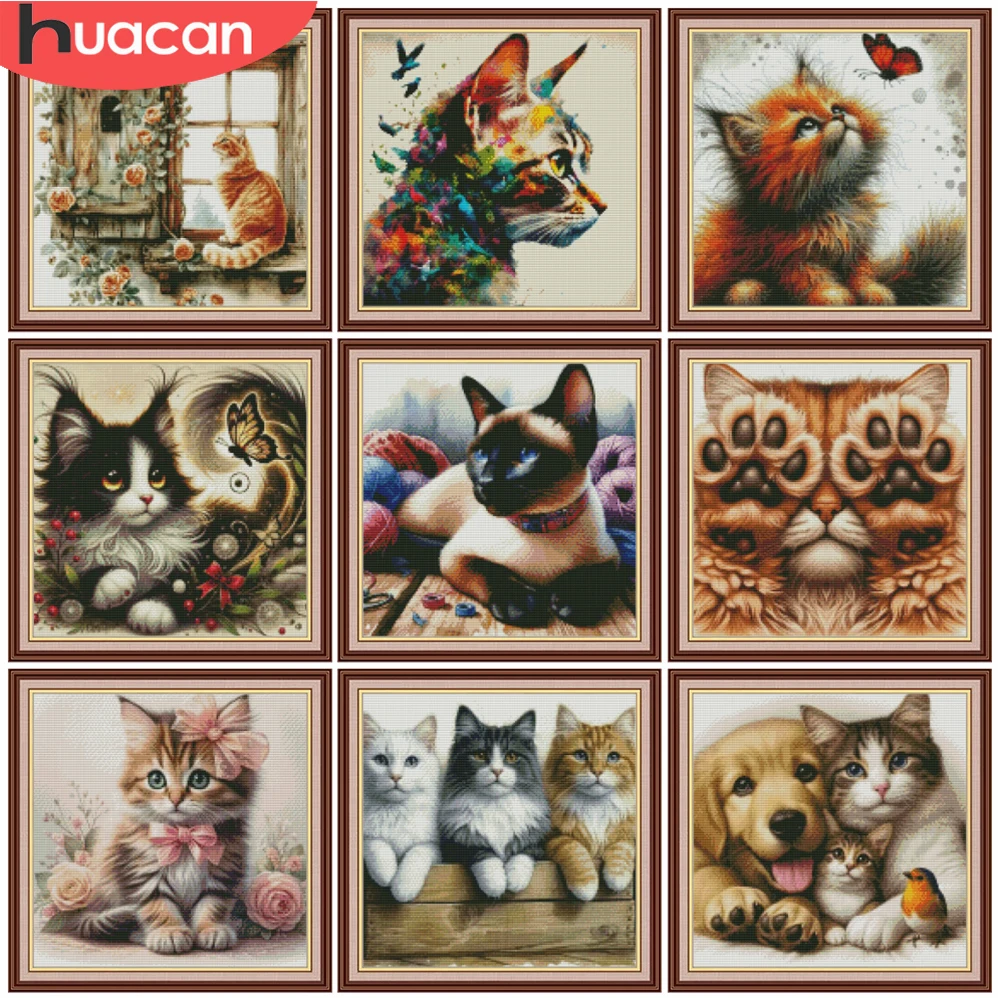 HUACAN Kreuzstich-Set mit Katzen- und Tiermotiven, Rosen- und Schmetterlingsdesign, 11CT Heimdekoration, DMC-Fäden, Handarbeiten, Nadelarbeit