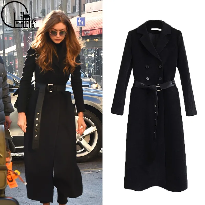 

Autumn Winter Women's Woolen Coat Long Street Style Celebrity Fashion Double Breasted Button up Slim Fit Pure Color Coat