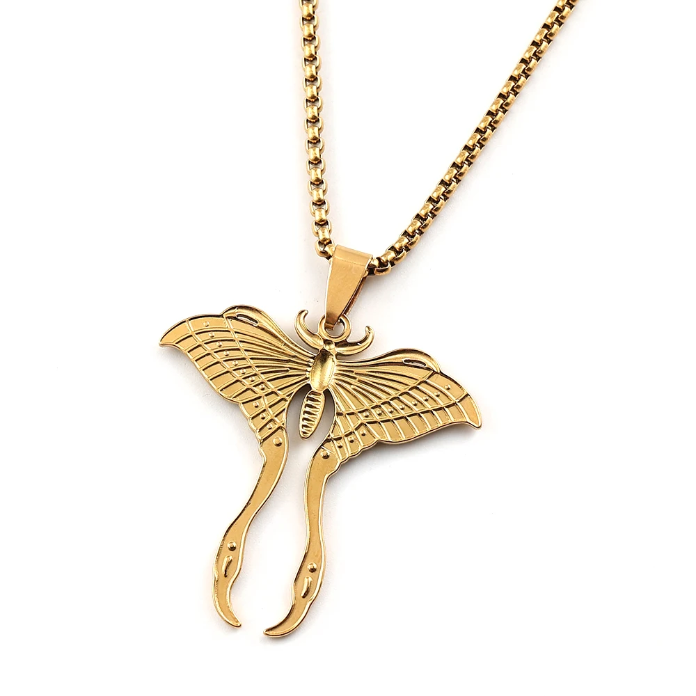 Gothic Atlas Giant Silkworm Moth Stainless Steel Pendant Necklaces Pendants for Women Men Gold Color Y2K Insect Chain Jewelry