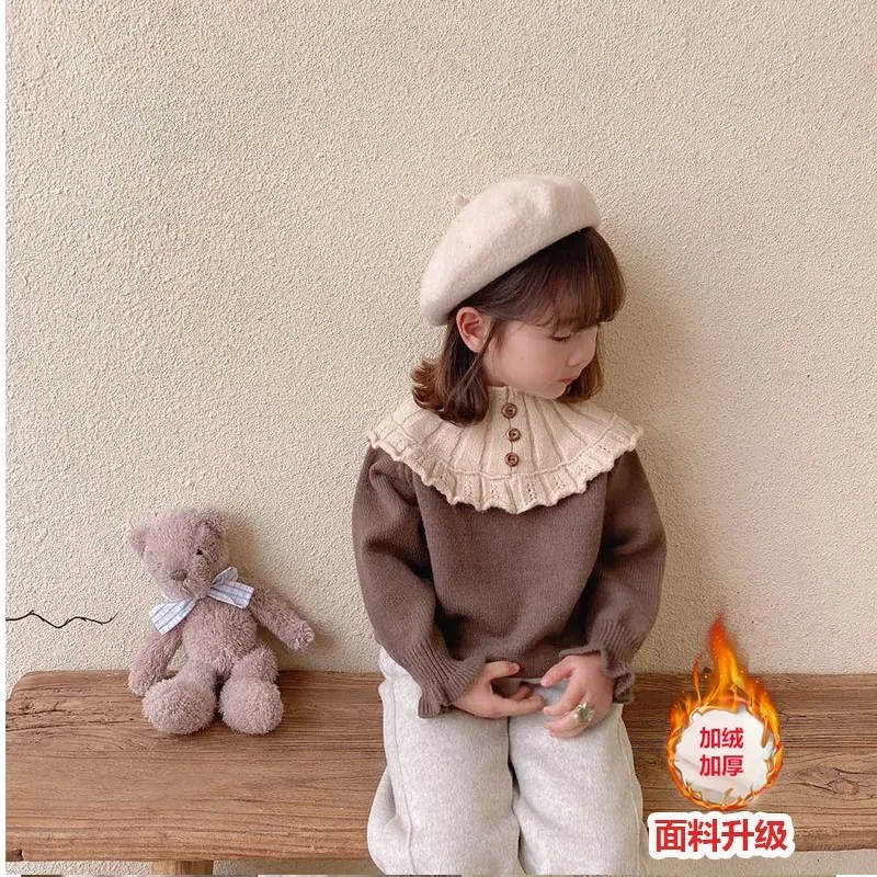 

New Children's Hooded Round Neck Thick Bottom Sweater Baby and Girls' Sweater Autumn/Winter Plush Knitted Sweater