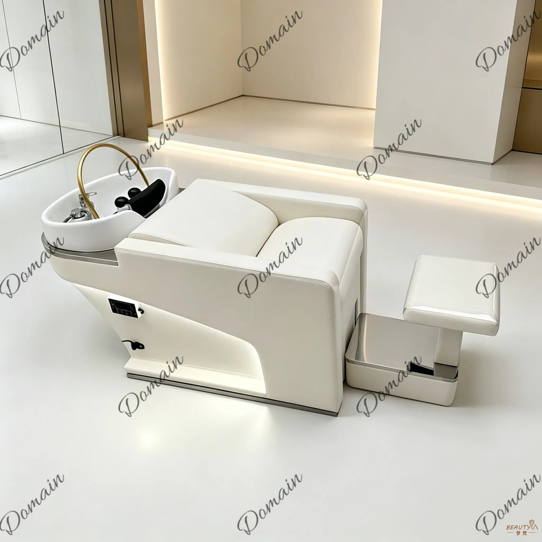 B46 Barber Shop Semi-reclining Shampoo Bed, Hair Shop Ceramic Basin Flushing Bed Water Circulation With Light For Hair Salon